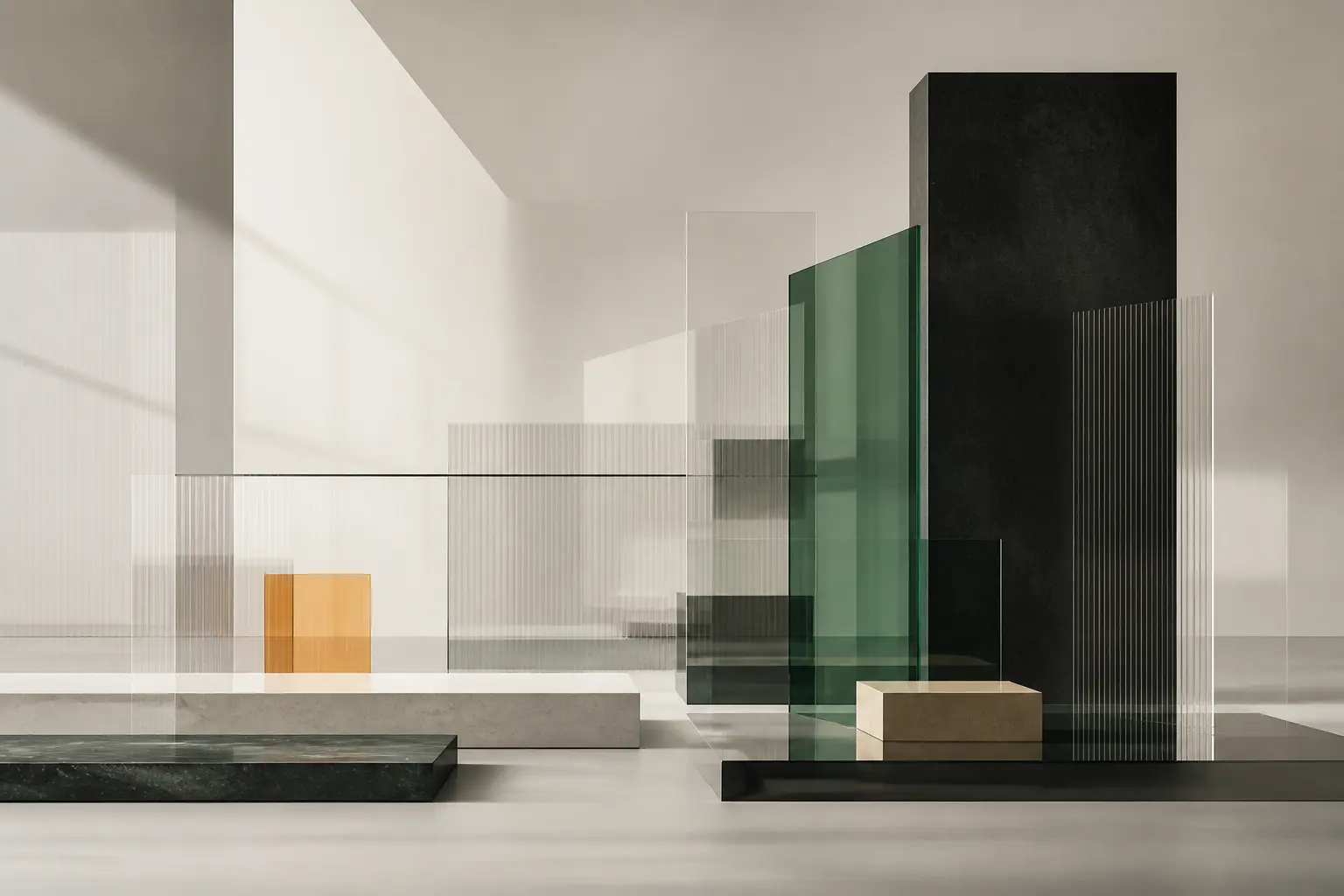 Abstract glass and geometric forms representing connected digital experiences